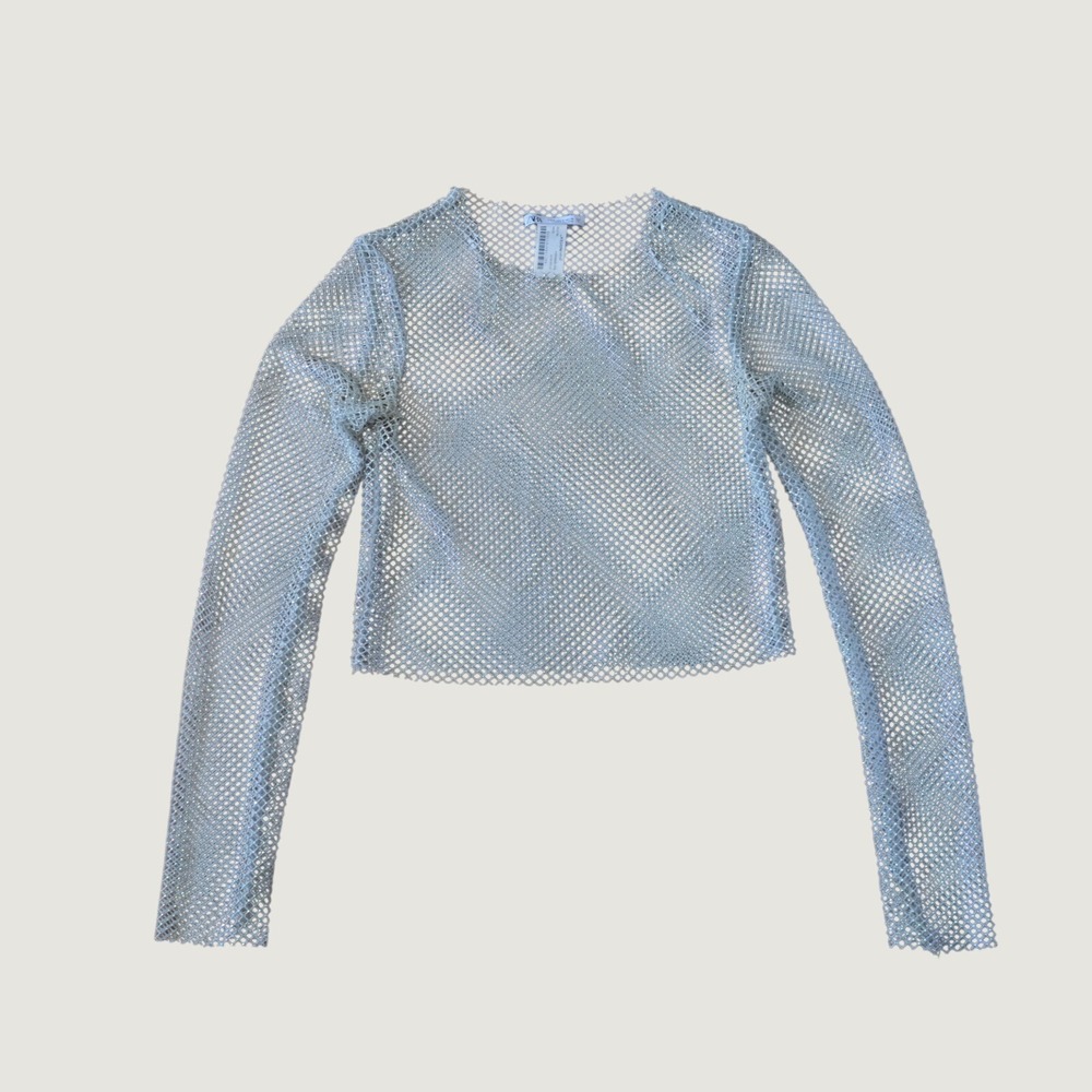 Zara Mesh Crop Top Womens S Silver Rhinestone Fishnet Festival Y2K Long Sleeve